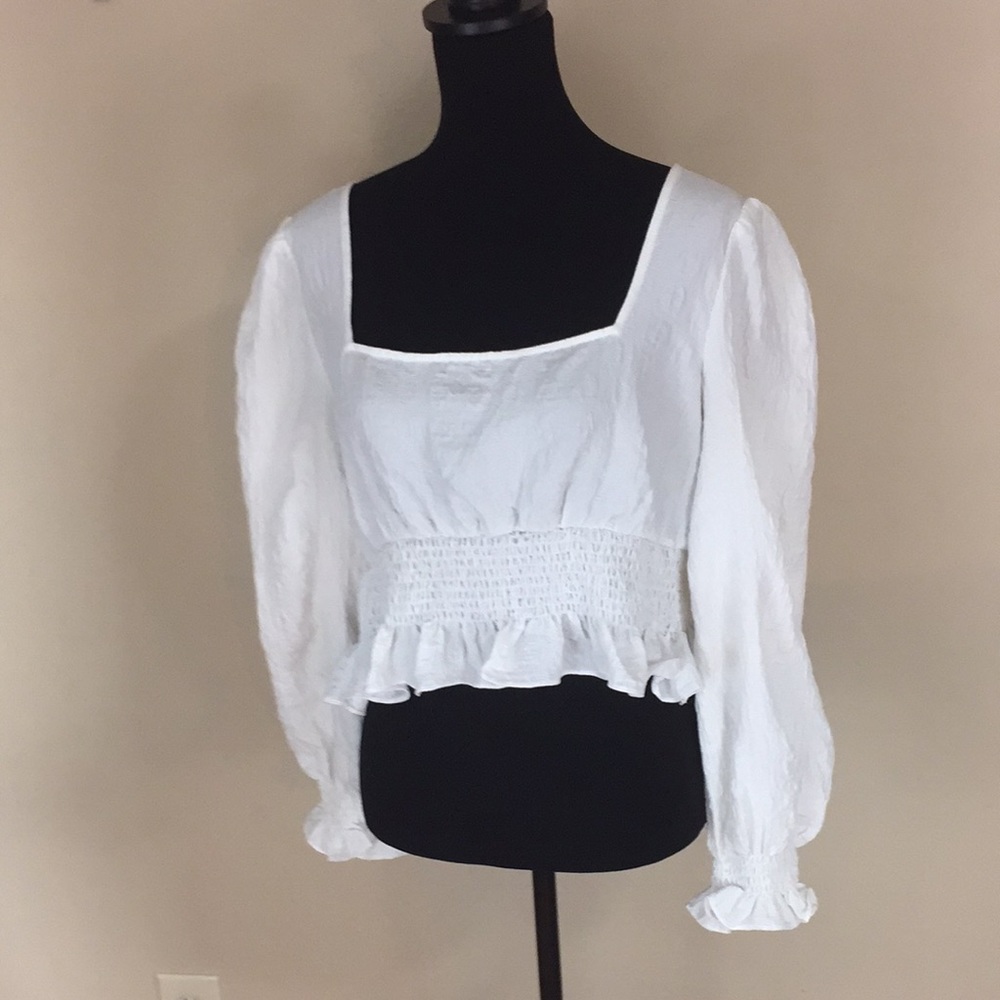 Lulus White Cropped Smocked Peasant top Cut out Back XL NWT